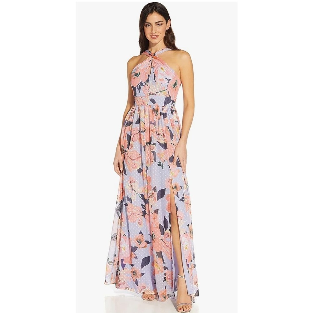 Adrianna Papell Floral-printed Clip Dot Chiffon Long Halter Gown size 14